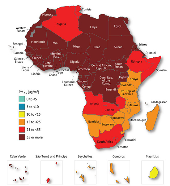 Map of Africa showing fine particulate levels by country