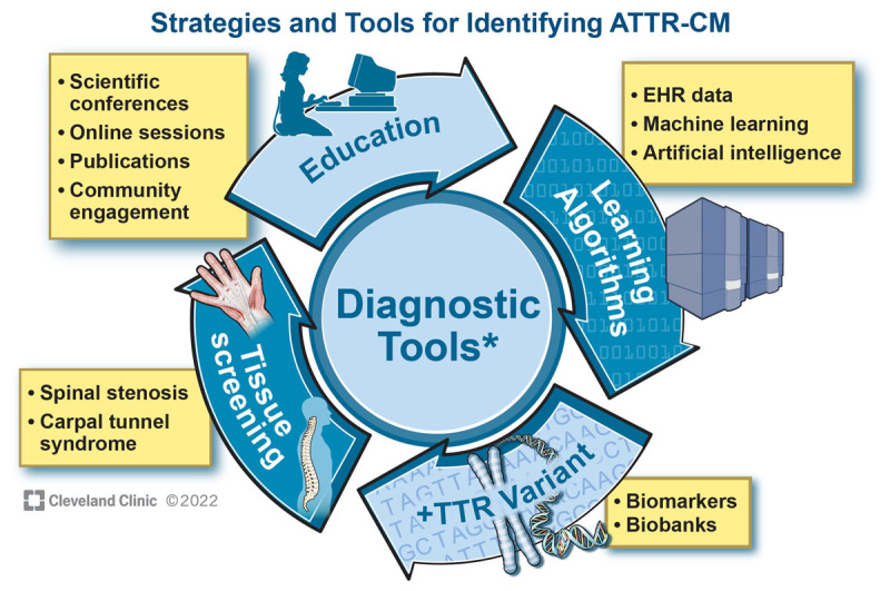 Figure 6 Strategies and tools to detect asymptomatic transthyretin (TTR) amyloid cardiomyopathy (ATTR-CM)