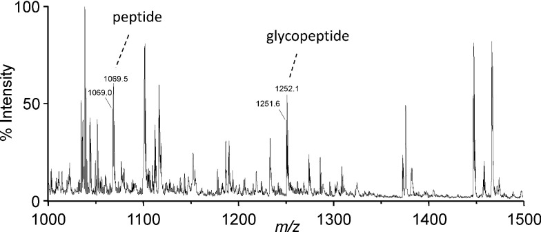 Fig. 4. Nano-electrospray ionization mass spectrum of a lysylendopeptidase digest of VLDL.