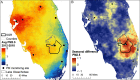 Figure 4a is a map of Florida, United States, depicting the multi-year mean of corrected satellite derived particulate matter begin subscript 2.5 end subscript (microgram meter begin superscript negative 3 end superscript) from the year 2012 to 2018. The average particulate matter begin subscript 2.5 end subscript from 2012 to 2018 ranges from 5 to 9 in increments of 2. A scale depicting miles ranges from 0 to 30 in increments of 15, and 30 to 60 in increments of 30. Figure 4b is a map of Florida, United States, depicting the mean difference in sugarcane harvest and outside or other seasons from the year 2009 to 2018. The seasonal difference in particulate matter begin subscript 2.5 end subscript is divided into three parts, namely, less than or negative 1, 0, and greater than 1. A scale depicting miles ranges from 0 to 30 in increments of 15, and 30 to 60 in increments of 30.