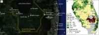 Figure 1A is a satellite view of Florida, United States, depicting the sugarcane growing region and surroundings, including Clewiston, Pahokee, South Bay, and Belle Glade. Figure 1B is a map of Florida, depicting the sugarcane growing region and population density by zip code. The range of population density (per square mile) is divided into five parts, namely, less than 150, 150 to 750, 750 to 1500, 1500 to 3000, and greater than 3000. A scale depicting miles ranges from 0 to 30 in increments of 15 and 30 to 60 in increments of 30.