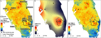 Figure 3a is a map of Florida, United States, depicting the uncorrected satellite particulate matter begin subscript 2.5 end subscript concentration measurements in January 2016. The satellite particulate matter begin subscript 2.5 end subscript (uncorrected) ranges from 2 to 12 in increments of 5. A scale depicting miles ranges from 0 to 30 in increments of 15, and 30 to 60 in increments of 30. Figure 3b is a map of Florida, United States, depicting the interpolated difference between uncorrected satellite particulate matter begin subscript 2.5 end subscript and surface measurements. The difference in particulate matter begin subscript 2.5 end subscript is divided into three parts, namely, 1, 0, and negative 1. A scale depicting miles ranges from 0 to 30 in increments of 15, and 30 to 60 in increments of 30. Figure 3c is a map of Florida, United States, depicting the corrected satellite-derived particulate matter begin subscript 2.5 end subscript (microgram meter begin superscript negative 3 end superscript). The satellite particulate matter begin subscript 2.5 end subscript (corrected) is ranging from 2 to 12 in increments of 5. A scale depicting miles ranges from 0 to 30 in increments of 15, and 30 to 60 in increments of 30.