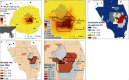 Figure 6a is a map of Florida, United States, depicting the simulated estimated increase in annual mean due to sugarcane fires from the year 2012 to 2018. The particulate matter begin subscript 2.5 end subscript ranges from 0.02 to 0.5 in increments of 0.48 and 0.5 to 1.0 in increments of 0.5. A scale depicting miles ranges from 0 to 30 in increments of 15, and 30 to 60 in increments of 30. Figure 6b is a map of Florida, United States, depicting the same as panel a with a focus on the sugarcane growing region. The particulate matter begin subscript 2.5 end subscript ranges from 0.02 to 0.5 in increments of 0.48 and 0.5 to 1.0 in increments of 0.5. A scale depicting miles ranges from 0 to 30 in increments of 15, and 30 to 60 in increments of 30. Figure 6c is a map of Florida, United States, depicting the estimated fraction of mortality attributable to particulate matter begin subscript 2.5 end subscript exposure from sugarcane fires. The attributable deaths to sugarcane (percent) are divided into five parts, namely, less than 0.05, 0.05 to 0.10, 0.10 to 0.15, 0.15 to 0.20, and greater than 0.20. Figure 6d is a map of Florida, United States, depicting the estimated mortality rate per 100000 people per year attributable to sugarcane burning. The mortality rate (per 100 thousand) is divided into five parts, namely, less than 0.2, 0.2 to 0.4, 0.4 to 0.6, 0.6 to 0.8, and greater than 0.8. Figure 6e is a map of Florida, United States, depicting the mortality and mortality from sugarcane fires examined in this study. The mortality rate (per 100 thousand) is divided into five parts, namely, less than 0.2, 0.2 to 0.4, 0.4 to 0.6, 0.6 to 0.8, and greater than 0.8.