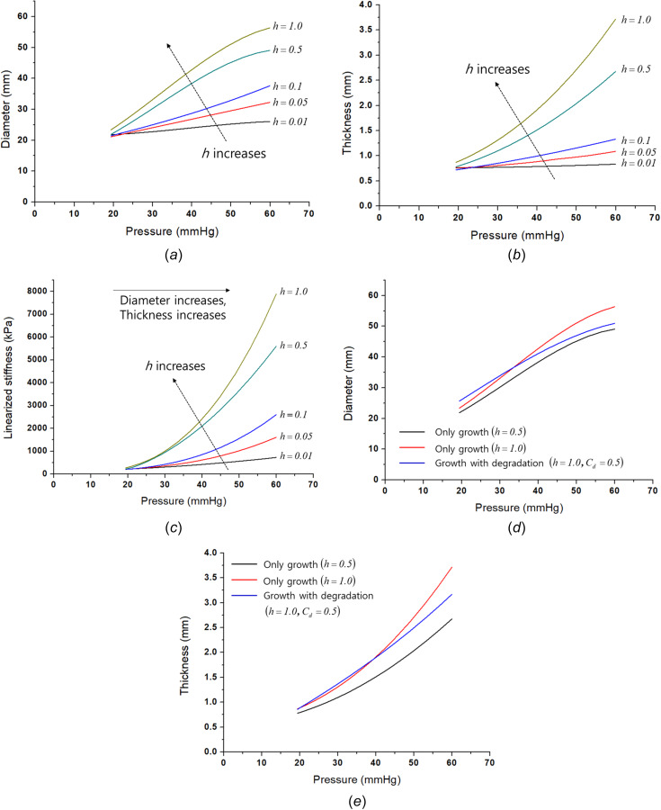 Growth effect on the disease progress: (a) growth effect on diameter, (b) growth effect on thickness, (c) growth effect on the linearized stiffness, (d) growth with degradation effect on diameter, and (e) growth with degradation effect on thickness