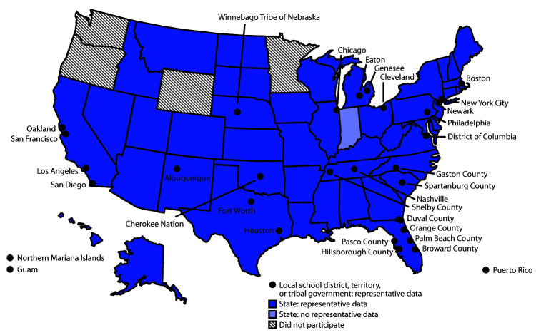 This figure is a map showing the U.S. sites that conducted Youth Risk Behavior Surveys in 2019. A total of 44 states, 28 local school districts, three territories, and two tribal governments had representative data.