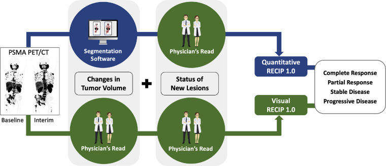 Pictorial representation of visual Response Evaluation Criteria in Prostate-specific Membrane Antigen (PSMA) PET/CT (RECIP) and quantitative RECIP. RECIP combines changes in PSMA-positive total tumor volume (TTV) and the occurrence of new lesions. Changes in TTV can be determined quantitatively by using tumor segmentation software and combined with the occurrence of new lesions to calculate quantitative RECIP. Changes in TTV can be determined qualitatively by nuclear medicine physicians and combined with the occurrence of new lesions to calculate visual RECIP.
