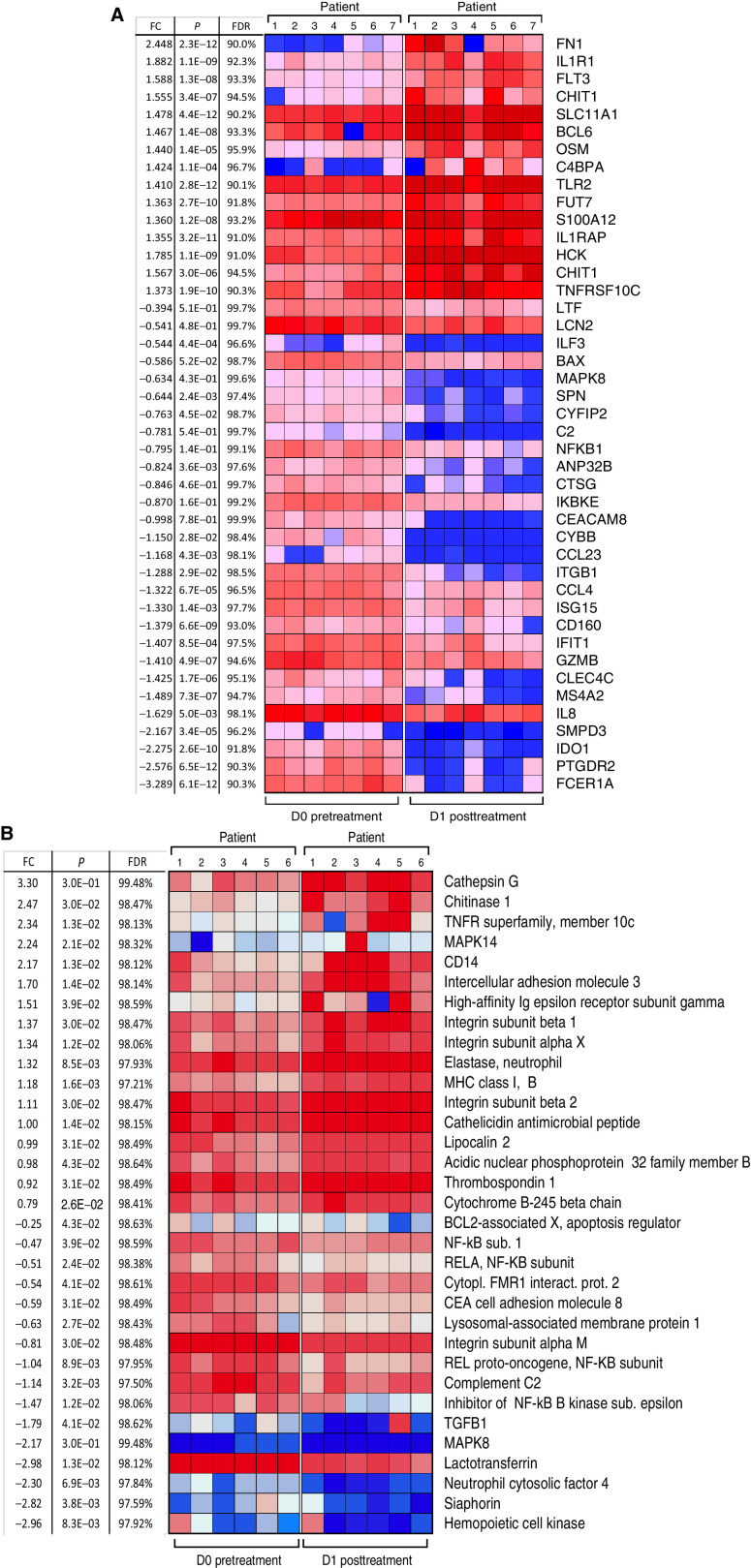 Figure 2. Effect of MTL-CEBPA treatment of patients with HCC on gene and protein expression in myeloid cells. A, Gene-expression profile was evaluated by NanoString using the human PanCaner IO 360 panel. Heat map of gene-expression upregulated (+1> log2 fold change and above) or downregulated (−1< log2 fold change and below) with a false discovery rate (FDR) of <5% is shown. B, Protein expression profile was evaluated by mass spectroscopy. Proteins with P < 0.05 and absolute log2 fold change > 1 were considered as significantly differentially expressed. Adjusted P values were calculated by correcting for an FDR of <5%.