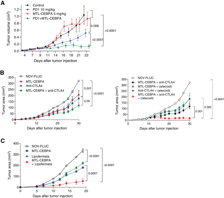 Figure 7. Therapeutic activity of MTL-CEBPA in combination with checkpoint inhibitors. A, MC38 tumor–bearing mice were treated with MTL-CEBPA or NOV-FLUC control at 5 mg/kg from day 4 (twice a week). Anti–PD-1 antibody was intraperitoneally injected to the mice twice a week at 10 mg/kg. n = 5 per group. Mean and SEM are shown. P values were calculated using two-way ANOVA test. B, LLC tumor–bearing mice were treated with MTL-CEBPA or NOV-FLUC control at 3 mg/kg from day 3 (twice a week). Anti–CTLA-4 antibody was intraperitoneally injected to the mice on days 10, 17, and 24 (100 μg/mouse). Celecoxib was orally given to the mice at 50 mg/kg from day 3 (daily). Mean and SEM (n = 4) are shown. P values were calculated using two-way ANOVA test. C, LLC tumor–bearing mice were treated with MTL-CEBPA or NOV-FLUC (3 mg/kg from day 3, twice a week) in combination with lipofermata (2 mg/kg, twice per day from day 3, subcutaneously). In each experiment, P values were calculated in two-way ANOVA.