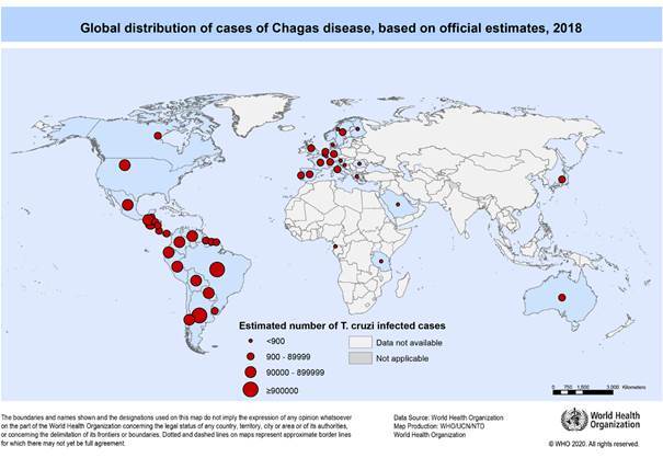 Global distribution of cases of Chagas disease based on official estimates, 2018. Source: OMS (2020). Available from: https://www.who.int/docs/default-source/ntds/chagas-disease/chagas-2018-cases.pdf?sfvrsn=f4e94b3b_2.