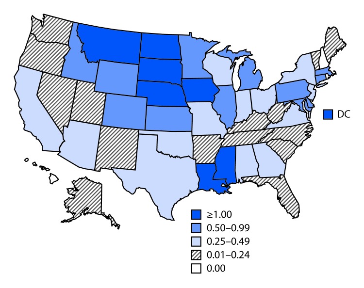 The figure is a map showing the incidence of reported cases of West Nile virus neuroinvasive disease in the United States during 2018.