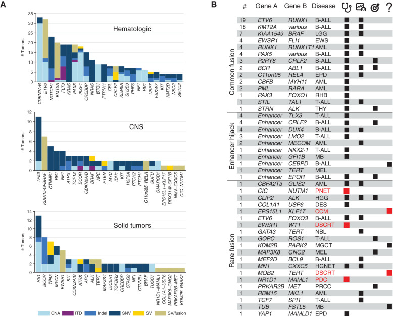 Figure 2. Somatic findings in the 253 analyzed tumors. A, Bar charts showing the numbers and relative contributions of mutational mechanisms affecting cancer genes in the tumors analyzed through G4K. The top 25 mutated genes for hematologic, CNS, and solid tumors are shown as are gene fusions or enhancer hijack events for singletons in CNS and solid tumors. B, Gene fusions and enhancer hijacks detected in G4K samples. Number of samples with a given fusion are indicated in the leftmost column, followed by the genes/loci involved and the diseases in which they were detected (see Supplementary Fig. S3 for schematics depicting the 20 rare fusions). Black or red tiles indicate whether the identified gene fusions or enhancer hijacks have a clear or likely clinical utility, arranged into three columns indicating diagnostic (stethoscope), prognostic (patient chart), and therapeutically relevant (target) categories. In the rightmost column (question mark), tiles indicate lesions with an unknown clinical utility, but considered biologically relevant to the tumor. Red disease names and tiles were identified in the rare tumors, as shown in Fig. 1E. Disease abbreviations and additional details regarding SV classifications and literature citations can be found in Supplementary Table S2.