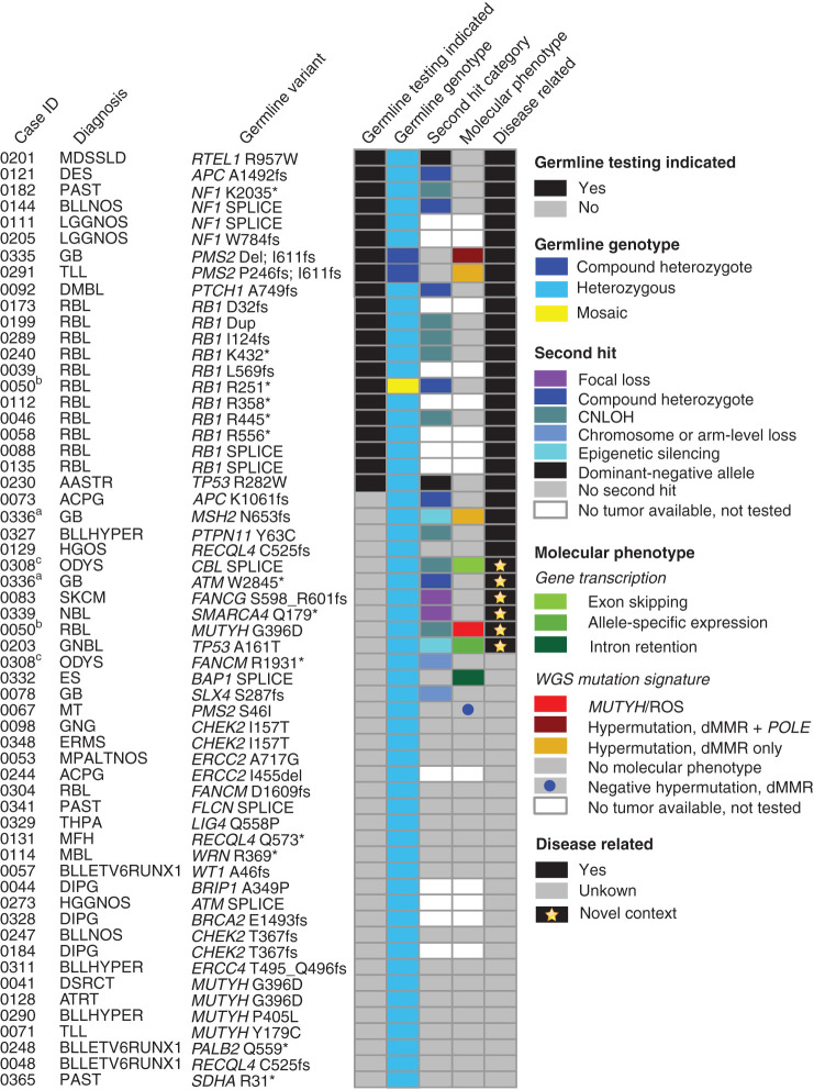 Figure 5. The impact of somatic variation in establishing disease relevance of deleterious germline variants. Each row represents a unique patient. From left to right, the columns are as follows: “Case ID” gives, the last 4 digits of the patients' IDs (compare Supplementary Table S8, column A). “Diagnosis” gives the disease code used internally (compare Supplementary Table S8, column B). Note: Matched superscripts indicate mutations in the same patient. “Germline variant” lists the gene and amino acid change. “Germline Testing Indicated” signifies patients whose cancer or other phenotypic characteristics suggested the patient and possibly the family should undergo germline testing (black tiles). “Germline genotype” gives the genotype of the variant indicated in the “Germline variant” column. “Second hit category” gives the genetic configuration of any genetic or epigenetic alterations affecting the remaining wild-type gene copy in the tumor. “Molecular phenotype” pertains to evidence in the DNA sequence of the tumor as to the activity of the germline variant. “Molecular phenotypes” includes features such as splice aberrations visible in the RNA-seq data and mutation signatures. Tumor second hits and molecular phenotype were not available for some patients due to absence or inadequate tumor for testing (see Methods). The 5 columns of tiled cells are sorted to group germline mutations by “Disease related” and then secondarily by “Germline Testing Indicated.” dMMR, deficient MMR.