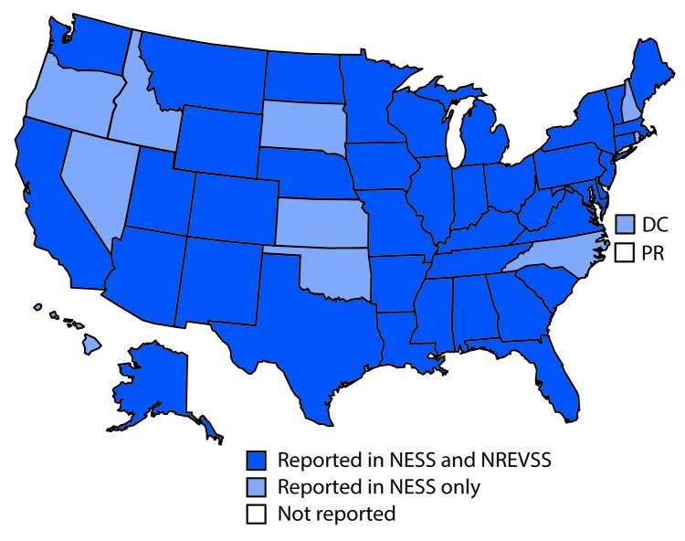 The figure above is a map of the United States showing the states from which enterovirus-positive or parechovirus-positive results were reported, by surveillance system (National Enterovirus Surveillance System or National Respiratory and Enteric Virus Surveillance System) during 2014–2016.