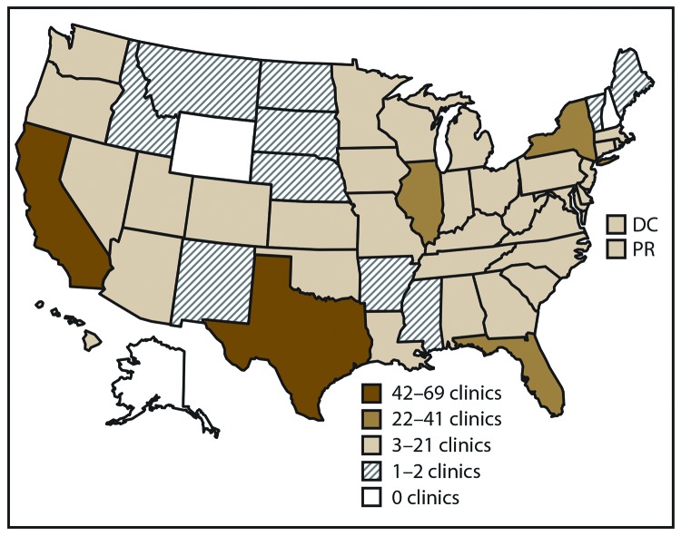 Map of United States shows the number and location of clinics providing assisted reproductive technology procedures. In 2016, 463 of 502 clinics (92.2%) in the United States, the District of Columbia, and Puerto Rico provided data to CDC.