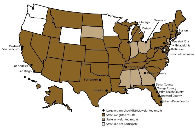 This figure is map of the United States the 39 state and 21 large urban school district surveys with weighted data for the 2017 YRBSS cycle. States with weighted results include Alaska, Arizona, Arkansas, California, Colorado, Connecticut, Delaware, Florida, Hawaii, Idaho, Illinois, Iowa, Kansas, Kentucky, Louisiana, Maine, Maryland, Massachusetts, Michigan, Missouri, Montana, Nebraska, Nevada, New Hampshire, New Mexico, New York, North Carolina, North Dakota, Oklahoma, Pennsylvania, Rhode Island, South Carolina, Tennessee, Texas, Utah, Vermont, Virginia, West Virginia, and Wisconsin. Large urban school districts include Baltimore, Maryland; Boston, Massachusetts; Broward County, Florida; Chicago, Illinois; Cleveland, Ohio; DeKalb County, Georgia; Detroit, Michigan; District of Columbia; Duval County, Florida; Fort Worth, Texas; Houston, Texas; Los Angeles, California; Miami, Florida; New York City, New York; Oakland, California; Orange County, Florida; Palm Beach, Florida; Philadelphia, Pennsylvania; San Diego, California; San Francisco, California; and Shelby County, Tennessee.