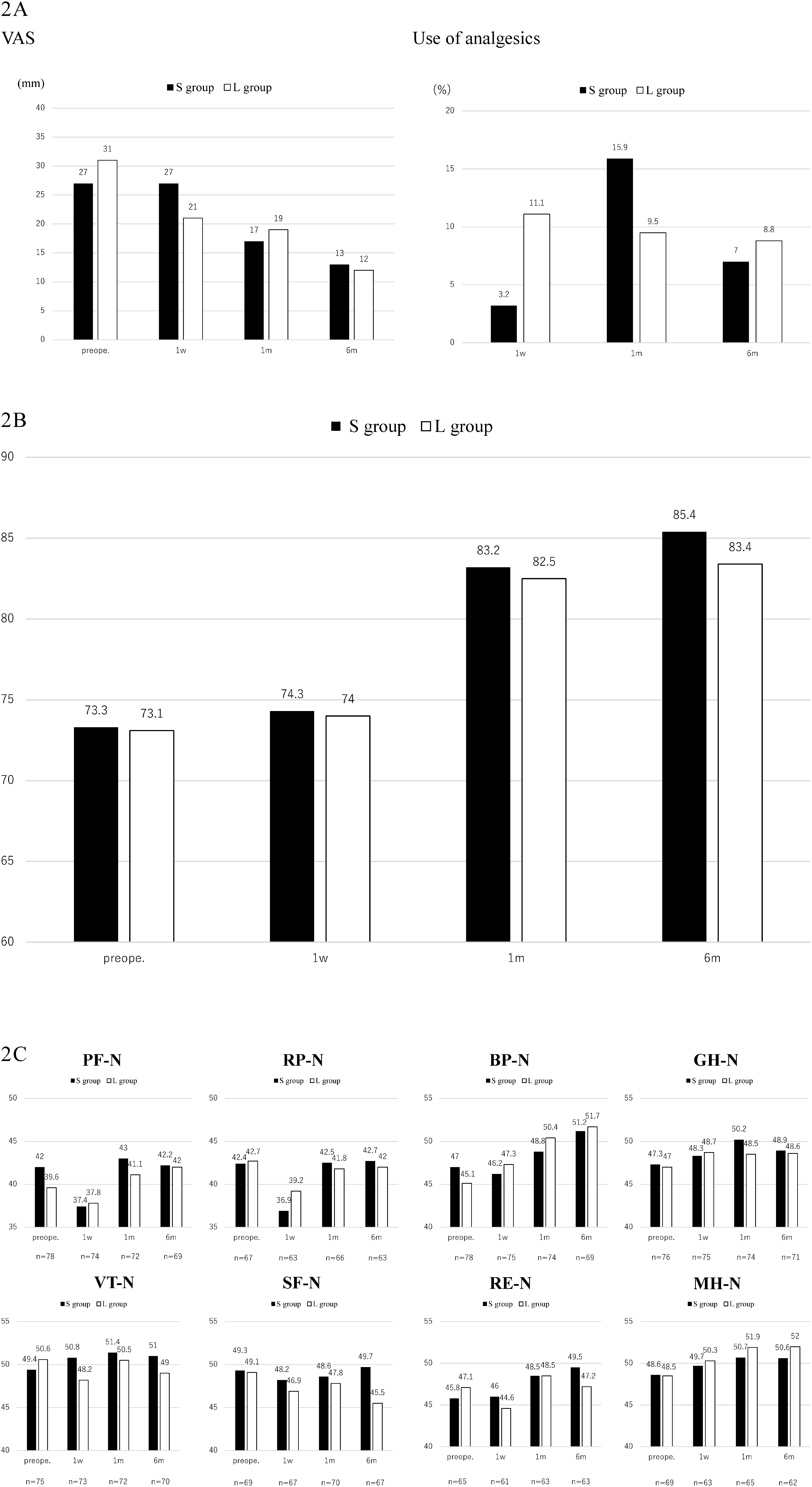 Fig. 2 Findings for primary outcomes based on a propensity score matching analysis. (A) VAS and use of analgesics. (B) CIVIQ-20. (C) SF-36.