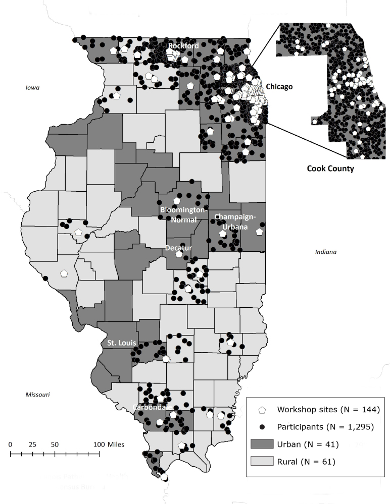 Workshops and participants are clustered primarily in urban counties and around the following cities: Chicago, Rockford, Bloomington-Normal, Champaign-Urbana, Decatur, St. Louis, and Carbondale. A few workshops and participants are found in several rural counties, some in northwestern Illinois, in western Illinois, and in southeastern Illinois.