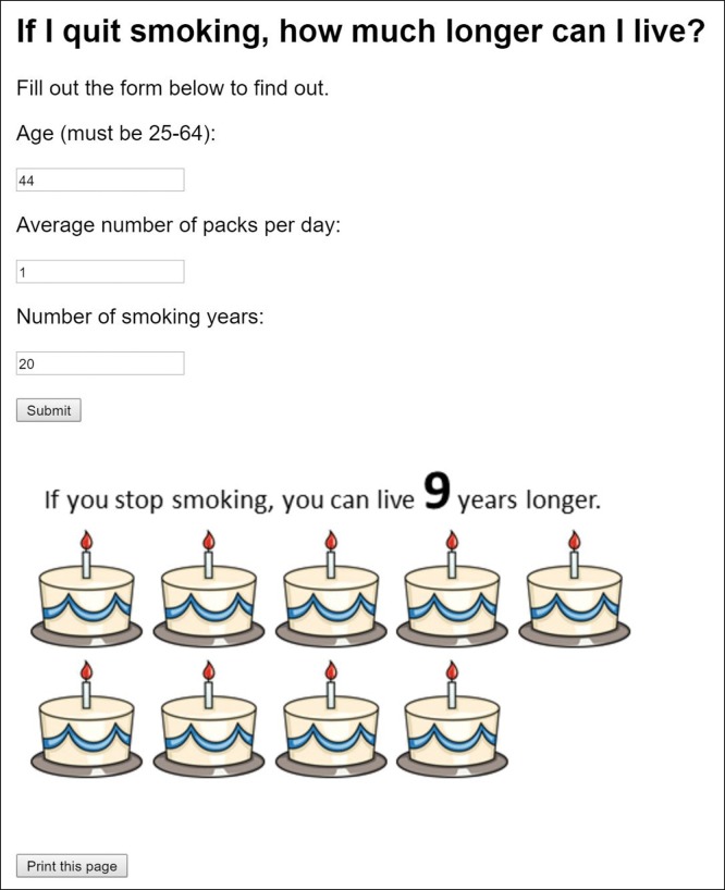 In this screenshot of a web-based decision aid, a title across the top reads, “If I quit smoking, how much longer can I live?” Patients enter their age, packs of cigarettes smoked per day, and years of smoking, and then click “submit.” The user receives the response, “If you stop smoking you can live (number of years calculated) years longer,” which is accompanied by a corresponding number of images of birthday cakes, 1 for each additional year of life.