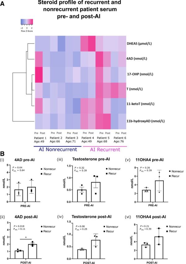 Figure 3. Androstenedione is increased in recurrent breast cancer patient serum whilst on AI therapy. A, Heatmap (http://heatmapper.ca/expression/) with hierarchical clustering (Euclidian) representing pre- and post-AI patient serum levels (nonrecurrent: n = 3; recurrent n = 3) for the following steroids: DHEAS (μmol/L), 4AD (nmol/L), 11-KetoT (nmol/L), T (nmol/L), 11b-hydroxyAD (nmol/L), 17OHP (nmol/L; raw data: Supplementary Table S3). B, Changes in steroid levels before and after AI therapy comparing nonrecurrent and recurrent specimens. (i)—(ii), 4AD did not significantly alter pre- or post-AI among nonrecurrent patients (t test P = 0.64, Padj. = 0.64), but there was an increase after AI in recurrent patients (t test P = 0.018, Padj. = 0.11). (iii)—(iv), T did not significantly alter pre (t test P = 0.32, Padj. = 0.39) or post (t test P = 0.08, Padj. = 0.25) AI among recurrent and nonrecurrent patients. (v)—(vi), 11OHA4 in patients pre (t test P = 0.28, Padj. = 0.39) or post (t test P = 0.21, Padj. = 0.39) AI among recurrent and nonrecurrent patients.