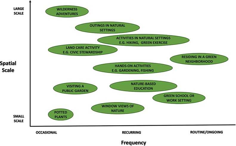 Plot showing forms of nature contact, namely, wilderness adventures; outings in natural settings; activities in natural settings, e.g. hiking, green exercise; land care activity e.g. civic stewardship; hands-on activities, e.g. gardening, fishing; residing in a green neighborhood; visiting a public garden; nature-based education; potted plants; window views of nature; and green school or work setting, along spatial scale (y-axis) and frequency (x-axis).