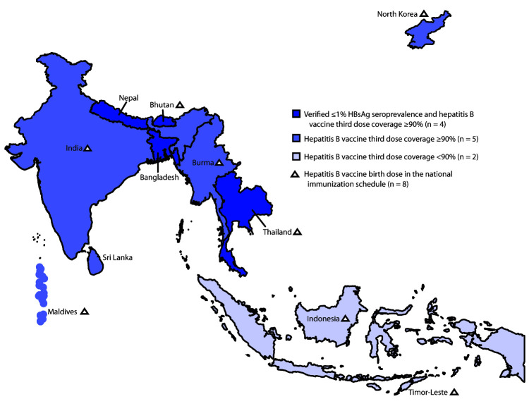 The figure is a map of the countries in the World Health Organizations South-East Asia Region. It shows hepatitis B vaccination coverage rates for each of the 11 countries in the region and indicates which of those countries include a birth dose in their national immunization schedule.