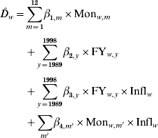 \openup2pt\eqalign{\hat{D}_{w} \equals \tab \sum\limits_{m \equals \setnum{1}}^{\setnum{12}} {\beta _{\setnum{1}\comma m} \times {\rm Mon}_{w\comma m} }\cr\tab \plus \sum\limits_{y \equals \setnum{1989}}^{\setnum{1998}} {\beta _{\setnum{2}\comma y} \times {\rm FY}_{w\comma y} } \cr \tab \plus \sum\limits_{y \equals \setnum{1989}}^{\setnum{1998}} {\beta _{\setnum{3}\comma y} \times {\rm FY}_{w\comma y} \times {\rm Infl}_{w} }\cr\tab\plus \sum\limits_{m^{\prime }} {\beta _{\setnum{4}\comma m^{\prime} } \times {\rm Mon}_{w\comma m^{\prime} } \times {\rm Infl}_{w} } \cr}