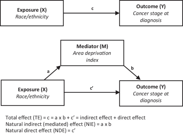 Figure 1. Mediation analysis model. The figure shows the causal mediation analysis pathways, including the total effect, direct, and indirect effects.