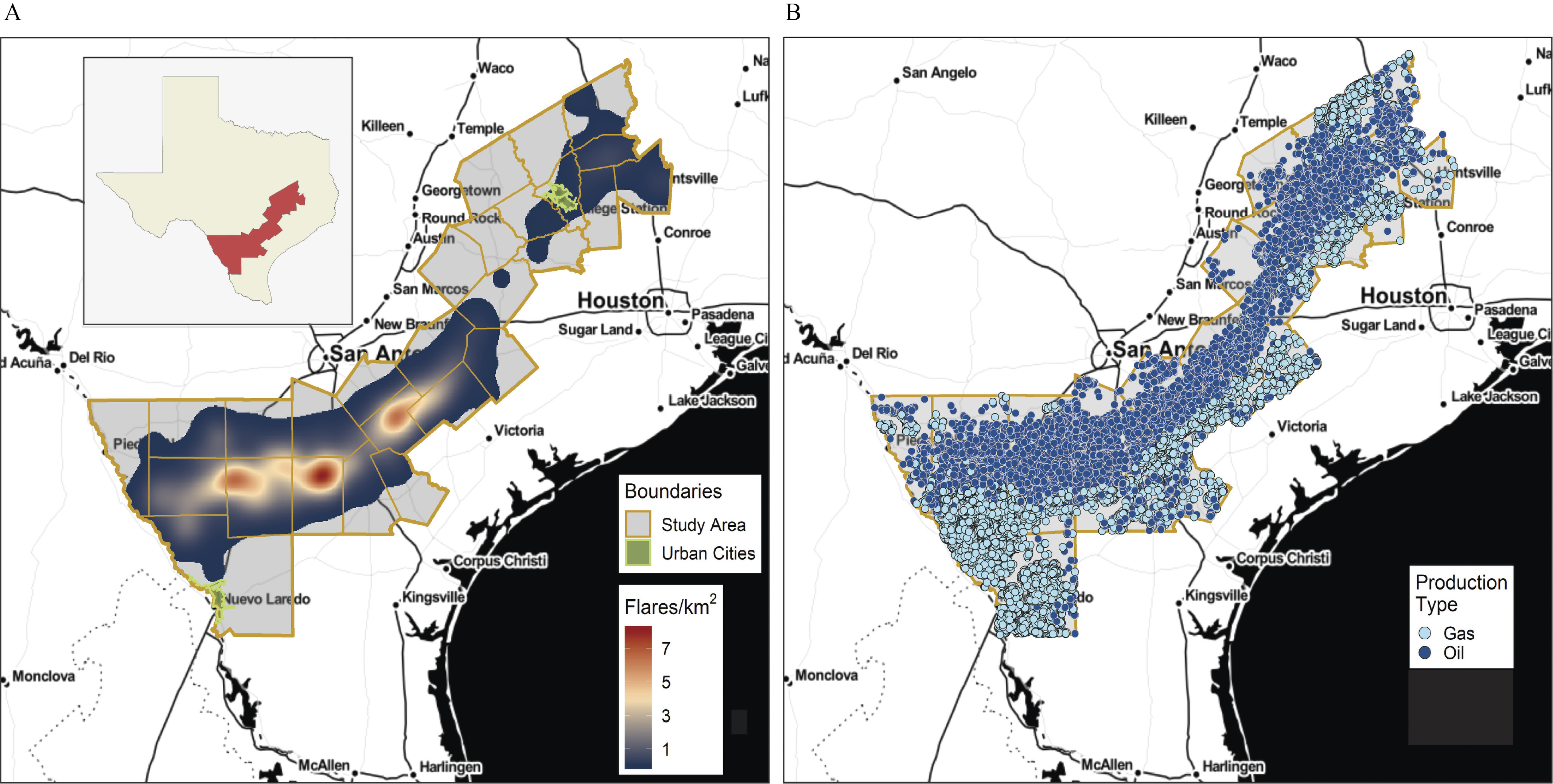 Figure 1A is a map of 27 counties in Eagle Ford, plotting flare events in boundaries divided into two parts: study area and urban cities. A scale representing flares per square kilometer ranges from 1 to 7 in increments of 2. Figure 1B is a map of 27 counties in Eagle Ford, plotting oil and gas production wells.