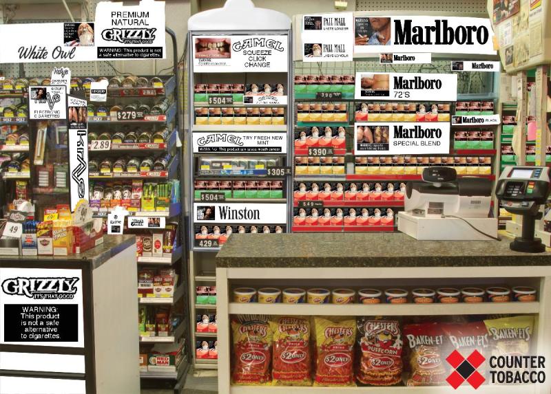 Photograph digitally altered to show the effect of a new rule proposed by FDA that would require tobacco advertisements to be black-and-white and would add health warnings and graphic images proportionate to the size of the advertisements.