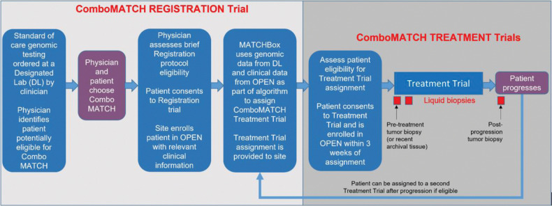 Figure 1. ComboMATCH study schema. Patients may enter ComboMATCH registration system and treatment trials through one of two routes. A patient's oncologist may be aware of genomic eligibility as a result of prior genomic testing, or may be informed of genomic eligibility via a referral from a designated laboratory. The physician will then discuss the potentially available ComboMATCH treatment trial(s) with the patient. The first step towards enrollment on a ComboMATCH treatment trial is enrollment on the ComboMATCH registration trial and submission of eligibility information. These data will be analyzed in the ComboMATCH Precision Medicine Analysis and Coordination Center (PMACC) by a rules-based algorithm called the MATCHBox. The physician will be notified by the PMACC if the patient is potentially eligible for a ComboMATCH treatment trial. The physician will then determine whether the patient meets the specific ComboMATCH treatment trial eligibility requirements. If so, and if physician and patient agree, the patient may then enroll on the ComboMATCH treatment trial. Patients will be treated on the assigned arm until disease progression. Adult patients will undergo tumor biopsies prior to treatment initiation and at progression as well as longitudinal plasma collections.