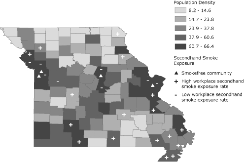 map Population density for all Missouri counties is presented by quintile and ranges from 8.2 to 66.4 per square mile. Counties with much higher than expected workplace secondhand smoke exposure were Benton, Buchanan, Butler, Clark, DeKalb, Dent, Dunklin, Greene, Howell, Jefferson, New Madrid, Pemiscot, Ralls, Saint Francois, Scott, Stoddard, and Taney. Counties with much lower than expected workplace secondhand smoke exposure were Boone, Clay, Cole, Jackson, Johnson, Platte, Saint Charles, and Saint Louis. Four communities have comprehensive smokefree ordinances: 2 in Jackson County (western Missouri), 1 in Boone County (central Missouri), and 1 in Saint Louis County (eastern Missouri). These counties are in the most densely populated areas of the state.