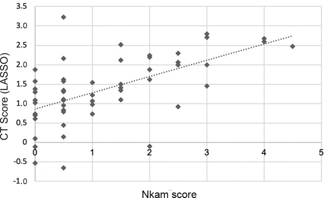 Scatterplot shows the relation between the Nkam score and the radiomics-based CT score built with the least absolute shrinkage and selection operator (LASSO). The Spearman correlation coefficient is 0.59 (P < .001).