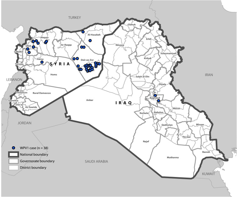 The figure above is a map showing cases of wild poliovirus type 1 in Syria and Iraq during 2013–2014.