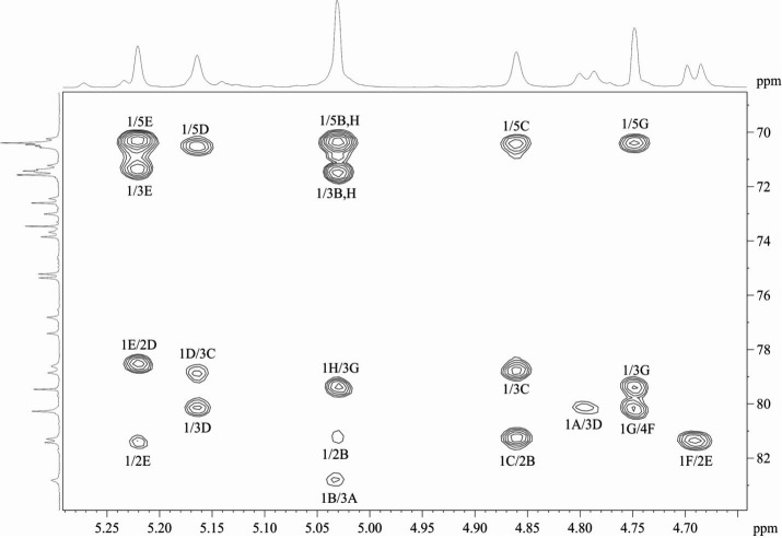 2D NMR spectrum with contour plots represents correlations between proton shifts. Peaks are labeled with combinations of numbers and letters. Axes depict chemical shifts in ppm, and peaks reveal molecular structures through their interactions.