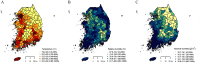 Figure 1A is a map of South Korea depicting the geographical distribution of mean summer temperatures from 2011 to 2019. A scale depicts the kilometer ranges from 0 to 100 in increments of 50. The legend depicts temperature (degrees Celsius) ranges as 19.2 to 23.0 (0 to 20th), 23.0 to 23.5 (20 to 40th), 23.5 to 23.8 (40 to 60th), 23.8 to 24.2 (60 to 80th), and 24.2 to 24.9 (80 to 100th). Figure 1B is a map of South Korea depicting the geographical distribution of mean summer relative humidity from 2011 to 2019. The legend depicts relative humidity (percentage) ranges as 67.9 to 74.2 (0 to 20th), 74.2 to 76.9 (20 to 40th), 76.9 to 78.8 (40 to 60th), 78.8 to 81.1 (60 to 80th), and 81.1 to 86.9 (80 to 100th). Figure 1C is a map of South Korea depicting the geographical distribution of mean summer absolute humidity from 2011 to 2019. A scale depicts the kilometer ranges from 0 to 100 in increments of 50. The legend depicts absolute humidity (gram per meter cubed) ranges as 18.7 to 19.1 (0 to 20th), 18.3 to 18.7 (20 to 40th), 15.7 to 18.3 (40 to 60th), 19.1 to 19.6 (60 to 80th), 19.6 to 21.5 (80 to 100th).
