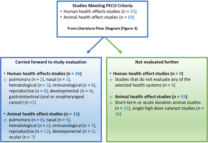 Figure 6 is a flow chart describing the selection of human and animal studies for further evaluation that has two steps. Step 1: There were 35 human health effect studies and 69 animal health effect studies that met populations, exposures, comparators, and outcomes criteria. Step 2: Twenty-six human health effect studies (2 pulmonary, 1 nasal, 3 hematological, 8 immunological, 8 reproductive, 4 developmental, 1 evaluating oral or oropharyngeal cancer) and 16 animal health effect studies (6 pulmonary, 4 nasal, 6 hematological, 7 immunological, 12 reproductive, 5 developmental, 7 ocular) were carried forward for further evaluation. There were 9 human studies that were not evaluated further, which were all studies that did not evaluate any of the health systems that were identified for further evaluation. There were 53 animal studies that were not evaluated further, which included 32 short-term or acute duration animal studies and 36 single high dose cataract studies.