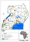 Map of Uganda showing outbreak locations of Ebola and Marburg virus diseases and bat locations included in the Maxent modeling Environment