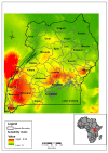Map showing areas of the relative probability of the presence of filovirus (Ebola and Marburg virus) outbreak in Uganda.