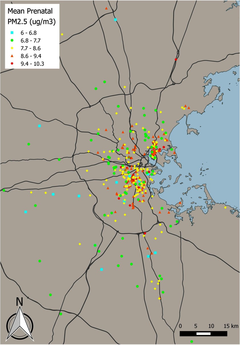 Figure 1 is a map with mean prenatal PM subscript 2.5 levels of 6 to 6.8, 6.8 to 7.7, 7.7 to 8.6, 8.6 to 9.4, and 9.4 to 10.3 micrograms per cubic meter across a distance of 0 to 15 kilometers.