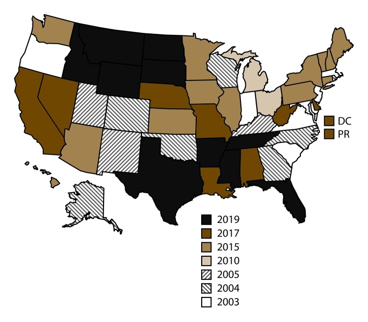 Map of United States indicates the year in which the state or territory began collecting data in the National Violent Death Reporting System. California began collecting data for a subset of violent deaths in 2005 but ended data collection in 2009. In 2017, California resumed data collection. Michigan collected data for a subset of violent deaths during 2010–2013 and collected statewide data beginning in 2014. In 2016, Illinois, Pennsylvania, and Washington began collecting data on violent deaths in a subset of counties that represents at least 80% of all violent deaths in the states or in counties where at least 1,800 violent deaths occur. In 2019, all 50 U.S. states, Puerto Rico, and the District of Columbia were participating in the system.