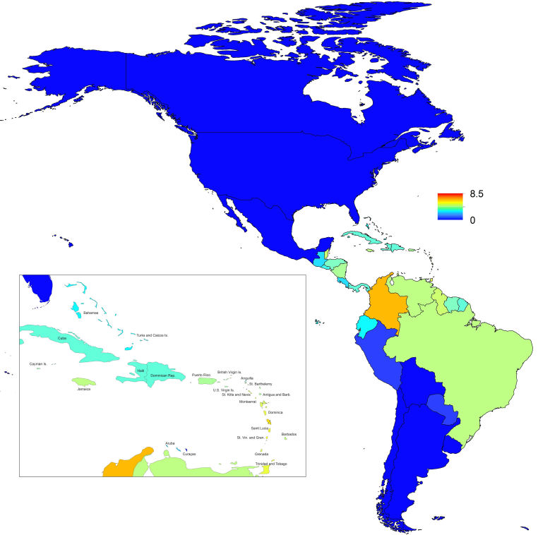 Map indicating the minimum weekly value of R0 over a typical year for each of 53 countries.