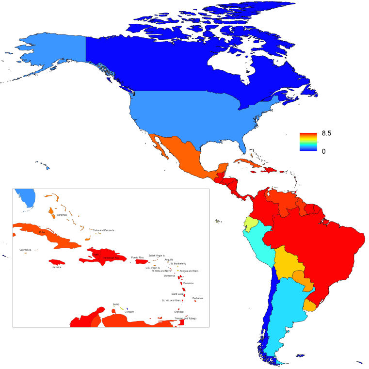 Map indicating the maximum weekly value of R0 over a typical year for each of 53 countries.