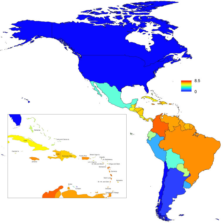 Map indicating the mean weekly value of R0 over a typical year for each of 53 countries.