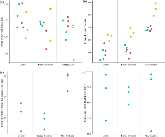 Female trait values after 9 and 10 generations of experimental evolution