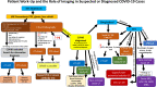 Flow chart shows the suggested patient workup and role of imaging in COVID-19. Alk phos = alkaline phosphatase, c/w = consistent with, CBC diff = complete blood count with differential, CHF =congestive heart failure, Choly = cholecystitis, Cr = creatinine, CT A/P = CT of the abdomen and pelvis, CTA = CT angiography, CXR = chest radiography, dx = diagnosis, ED = emergency department, EKG =electrocardiography, H/N CTA = head and neck CT angiography, ICU = intensive care unit, LFT = liver function tests, MRA = MR angiography, MRV = MR venography, PE = pulmonary embolism, PCR = polymerase chain reaction, POCUS = point-of-care US, PPE = personal protective equipment, RUQ = right upper quadrant, SOB = shortness of breath, (-) = negative, (+) = positive.