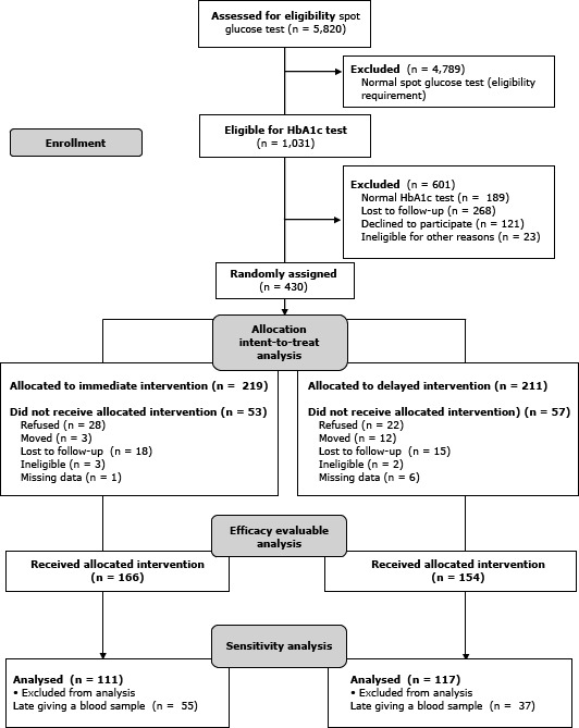 The number of people who received spot blood glucose tests was 5,820. Of these, 4,789 had normal blood glucose levels and were ineligible for participation. The remaining 1,031 were eligible for hemoglobin A1c testing (HbA1c). After testing, 601 people were excluded for the following reasons: HbA1c test results were normal (n = 189), the participant was lost to follow-up (n = 268), the participant declined to participate (n = 121), and other reasons (n = 23). The number randomly assigned to the trial arms was 430. Of these, 219 were assigned to the immediate intervention arm and 211 to the delayed intervention arm. A total of 53 people assigned to the immediate intervention were excluded for the following reasons: refused (n = 28), moved (n = 3), lost to follow-up (n = 18), ineligible (n = 3), missing data (n = 1). From the group assigned to the delayed intervention, 57 were excluded for the following reasons: refused (n = 22), moved (n = 12), lost to follow-up (n = 15), ineligible (n = 2), missing data (n = 6). One hundred and sixty-six participants in the immediate intervention and 154 in the delayed intervention were available for the efficacy evaluable analysis. Participants who were late giving a blood sample (55 in the immediate arm and 37 in the delayed arm) were excluded as part of a sensitivity analysis. The sensitivity analysis was conducted on data from 111 people in the immediate intervention and 117 in the delayed intervention arm.