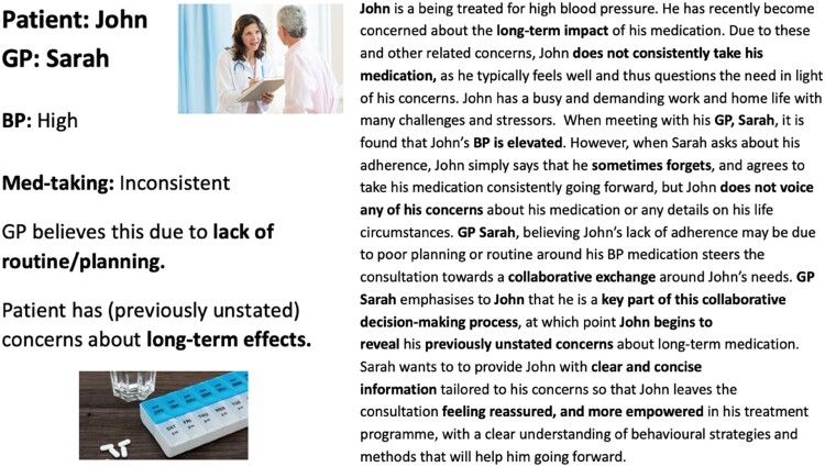 Case study illustration showing patient John and GP Sarah discussing John’s hypertension management. Sarah engages John in a collaborative discussion, addressing his unstated concerns about long-term medication effects, aiming to provide tailored advice and strategies for better medication taking. Visual elements include images of a GP consultation and a pillbox.