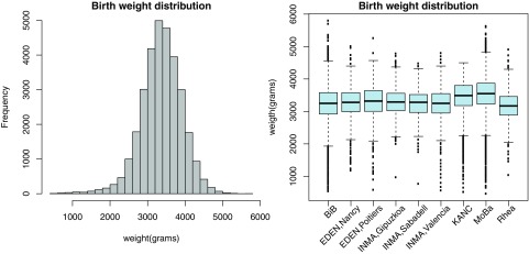 Figure 2 consists of a histogram of birth weight distribution, plotting frequency (ranging between 0 and 5000) (y-axis) across weight (ranging between 1000 and 6000 grams) (x-axis) and a box-and-whisker plot of birth weight distribution, plotting weight (ranging between 1000 and 6000 grams) (y-axis) across B i B; E D E N, Nancy; E D E N, Poitiers; I N M A, Gipuzkoa; I N M A, Sabadell, I N M A, Valencia; K A N C; Mo Ba; and Rhea (x-axis).