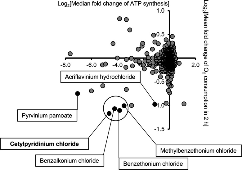 Scatter plot showing log sub 2 mean fold change of oxygen consumption in 2 hours (y-axis) across log sub 2 median fold change of ATP synthesis (x-axis). The six QAS highlighted are acriflavinium hydrochloride, pyrvinium pamoate, cetylpyridinium chloride, benzalkonium chloride, benzethonium chloride, and methylbenzethonium chloride.