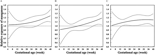 Figures 3A, 3B, and 3C are line graphs plotting relative exposure of managers (y-axis) across gestational age (weeks; x-axis) stratified by birth weight, birth length, and ponderal index, respectively.